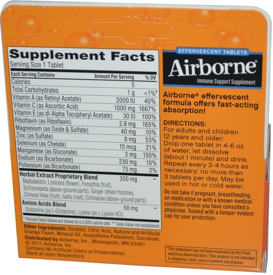 健康，感冒和病毒，免疫系統，空氣中的泡騰 - AirBorne, Blast of Vitamin C, Zesty Orange, 10 Effervescent Tablets