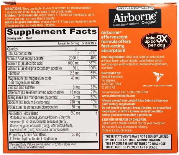 健康，感冒和病毒，免疫系統，空氣中的泡騰 - AirBorne, Original, Immune Support, Blast of Vitamin C, Zesty Orange, 3 Tubes, 10 Effevescent Tablets Each