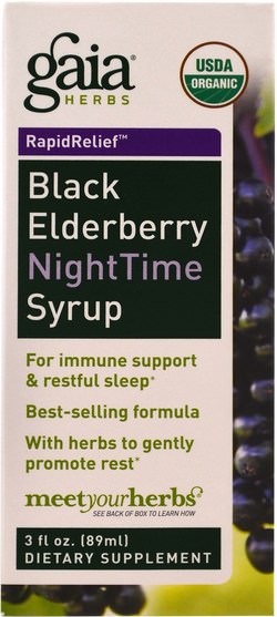 健康，感冒和病毒，免疫系統 - Gaia Herbs, Black Elderberry NightTime Syrup, 3 fl oz (89 ml)