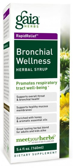 健康，感冒和病毒，免疫系統 - Gaia Herbs, Rapid Relief, Bronchial Wellness Herbal Syrup, 5.4 fl oz (160 ml)