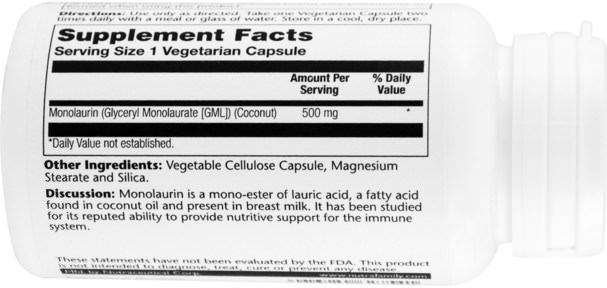 健康，感冒和病毒，免疫系統 - Solaray, Monolaurin, 500 mg, 60 Veggie Caps