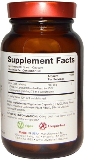 健康，感冒流感和病毒，橄欖葉，免疫系統 - Olympian Labs Olive Leaf Extract, 500 mg, 60 Veggie Caps