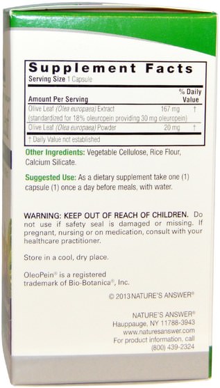 健康，感冒流感和病毒，橄欖葉 - Natures Answer, Olive Leaf, Standardized Herbal Extract, 187 mg, 60 Vegetarian Capsules