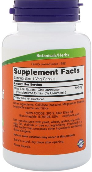 健康，感冒流感和病毒，橄欖葉 - Now Foods, Olive Leaf Extract, 500 mg, 120 Veg Capsules