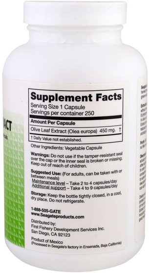 健康，感冒流感和病毒，橄欖葉 - Seagate, Olive Leaf Extract, 450 mg, 250 Veggie Caps