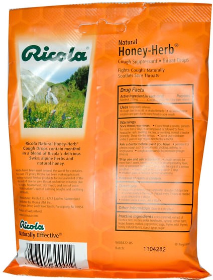 健康，感冒流感和病毒，喉嚨護理噴霧，咳嗽滴 - Ricola, Natural Honey Herb, 24 Drops