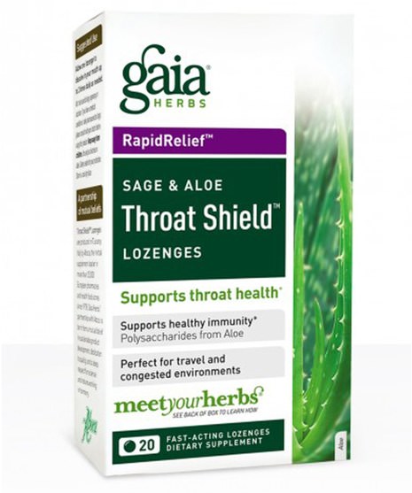 健康，感冒流感和病毒，喉嚨護理噴霧 - Gaia Herbs, Throat Shield Lozenges, Sage & Aloe, 20 Fast-Acting Lozenges