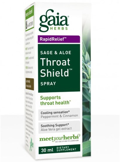 健康，感冒流感和病毒，喉嚨護理噴霧 - Gaia Herbs, Throat Shield Spray, Sage & Aloe, 30 ml