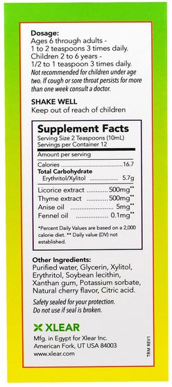 健康，感冒流感和病毒，喉嚨護理噴霧 - Xlear, Throat Relief Syrup, Fast Relief, Mucus Formula, 4 oz (120 ml)