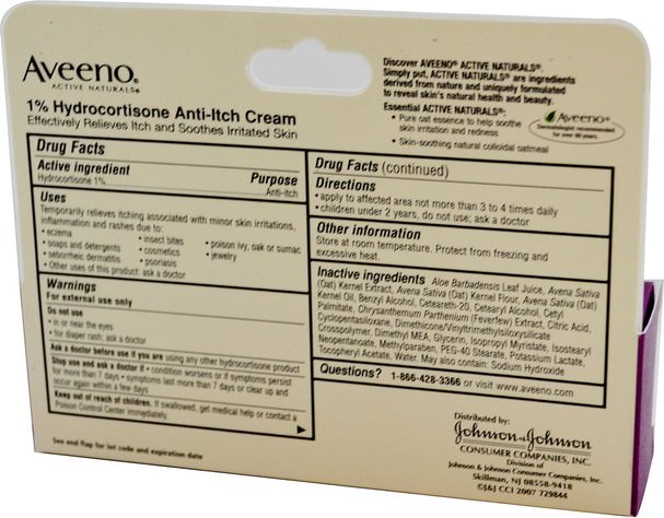 健康，皮炎，身體 - Aveeno, Active Naturals, 1% Hydrocortisone, Anti-Itch Cream, 1 oz (28 g)
