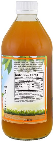 健康，排毒 - Dynamic Health Laboratories, Certified Organic Apple Cider Vinegar Detox Tonic, 16 fl oz (473 ml)