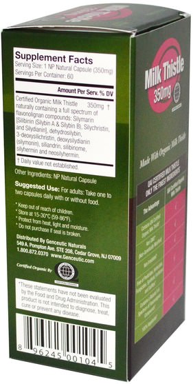 健康，排毒，奶薊（水飛薊素） - Genceutic Naturals, Milk Thistle, 350 mg, 60 NP Natural Capsules