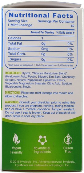 健康，口乾，口腔牙齒護理，牙齦薄荷糖 - Hyalogic Hyaluronic Acid for Dry Mouth, HylaMints, 60 Mint Lozenges