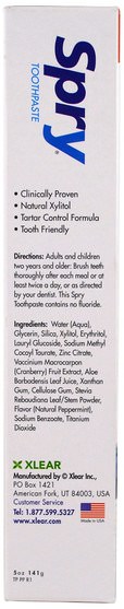健康，口乾，口腔牙齒護理，木糖醇口腔護理 - Xlear, Spry Toothpaste, Anti-Plaque Tartar Control, Flouride Free, Natural Peppermint, 5 oz (141 g)