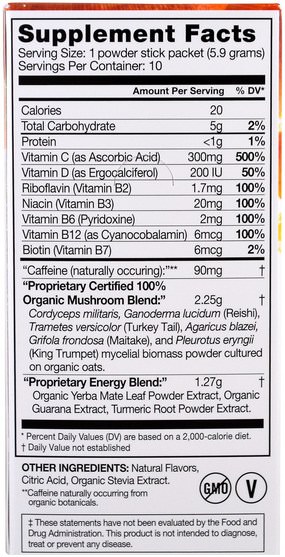 健康，能量，感冒和病毒，免疫系統 - Organic Mushroom Nutrition, Energy, Mushroom Powder, Citrus Orange, 10 Packets, 0.21 oz (5.9 g) Each
