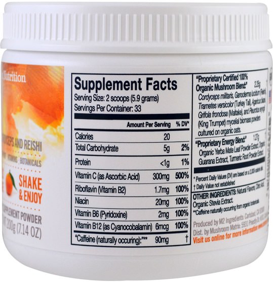 健康，能量，感冒和病毒，免疫系統 - Organic Mushroom Nutrition, Energy, Mushroom Powder, Citrus Orange, 7.14 oz (200 g)