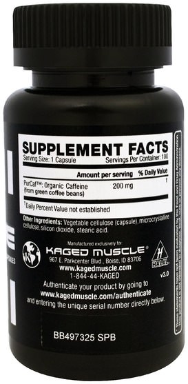 健康，精力 - Kaged Muscle, PurCaf, Caffeine, 100 Veggie Caps
