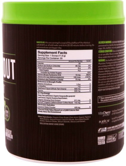 健康，精力 - MusclePharm Natural, Pre-Workout, Natural Energy, Fresh Cut Watermelon, 0.77 lbs (348 g)
