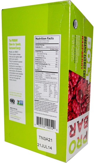 健康，能量，概率螺栓咀嚼 - ProBar, Bolt, Organic Energy Chews, Raspberry, 12 Packs, 2.1 oz (60 g) Each
