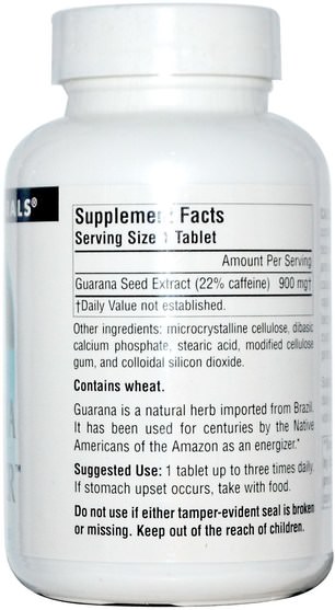 健康，精力 - Source Naturals, Guarana Energizer, 900 mg, 60 Tablets