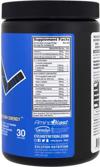 健康，能量，運動 - EVLution Nutrition, BCAA Lean Energy, Blue Raz, 11.2 oz (318 g)