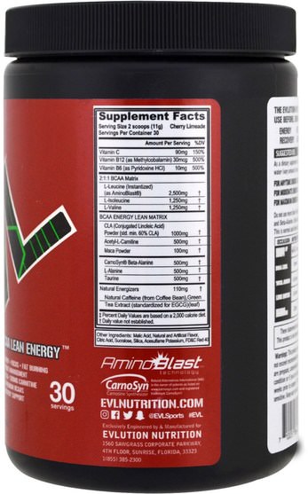 健康，能量，運動 - EVLution Nutrition, BCAA Lean Energy, Cherry Limeade, 11.6 oz (330 g)
