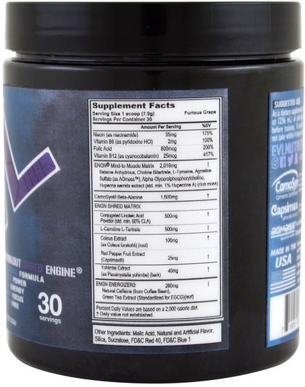健康，能量，運動 - EVLution Nutrition, ENGN Shred, Pre-Workout Shred Engine, Furious Grape, 7.8 oz (222 g)