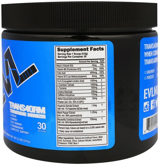 健康，能量，運動 - EVLution Nutrition, Trans4orm, Blue Raz, 5.2 oz (147 g)