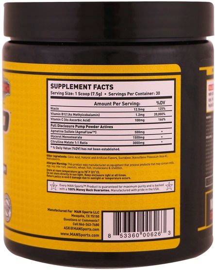 健康，能量，運動 - MAN Sport, Pump Powder, Stim-Free Pump Inducer, Sour Batch, 7.94 oz (225 g)