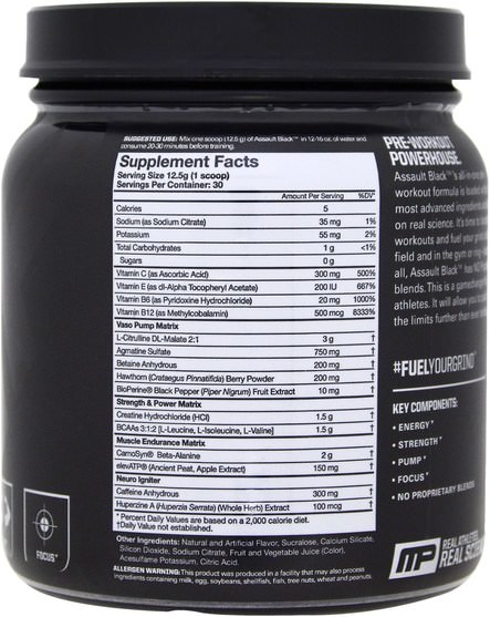 健康，能量，運動 - MusclePharm, Assault Black, Pre-Workout Powerhouse, Strawberry Lime, 12.27 oz (348 g)