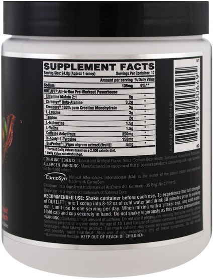 健康，能量，運動 - Nutrex Research Labs, Outlift,Clinically Dosed Pre-Workout Powerhouse, Fruit Punch, 8.75 oz (248 g)