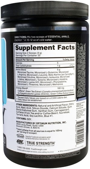 健康，能量，運動 - Optimum Nutrition, Essential Amino Energy, Blueberry Mojito Flavor, 9.5 oz (270 g)