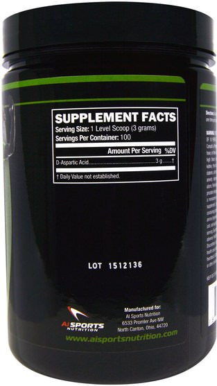 健康，能量，補充劑，氨基酸，l天冬氨酸 - AI Sports Nutrition, D-Aspartic Acid, 0.66 lbs (300 g)