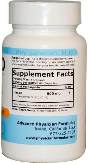 健康，能量，補品，抗氧化劑 - Advance Physician Formulas, Cacao, 500 mg, 60 Capsules