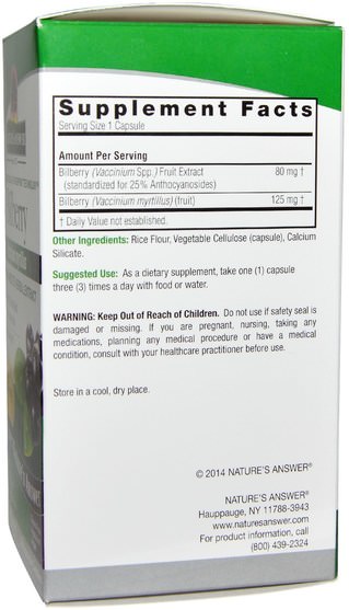 健康，眼部護理，視力保健，越橘，瘀傷，挫傷 - Natures Answer, Bilberry, Standardized Herbal Extract, 205 mg, 90 Vegetarian Capsules