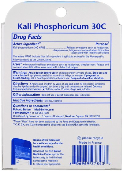 健康，頭痛 - Boiron, Kali Phosphoricum 30C, 3 Tubes, Approx. 80 Quick-Dissolving Pellets Each