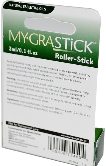 健康，頭痛 - Health From The Sun, Mygrastick, Roll-On, 1 Rollerstick, 0.1 fl oz (3 ml)