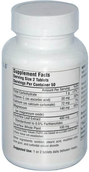 健康，頭痛，草藥，小白菊 - Source Naturals, Feverfew Extract, 100 Tablets