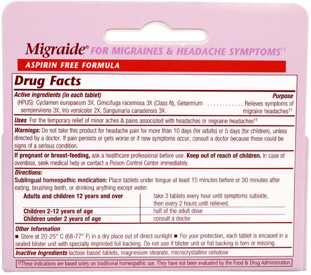 健康，頭痛，補品，順勢緩解疼痛 - Boericke & Tafel, Migraide, 40 Tablets
