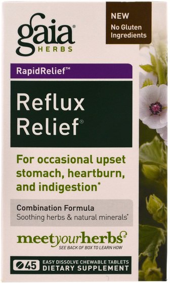 健康，胃灼熱和gerd，胃灼熱 - Gaia Herbs, Reflux Relief, 45 Easy Dissolve Chewable Tablets