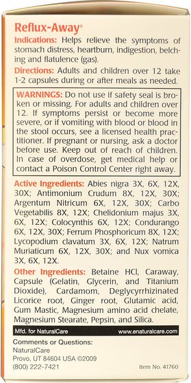 健康，胃灼熱和gerd，胃灼熱 - Natural Care, Reflux-Away, 60 Capsules