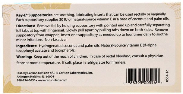 健康，痔瘡，栓劑 - Carlson Labs, Key E Suppositories, Natural Vitamin E, 24 Soothing Inserts