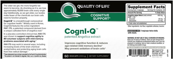 健康，炎症，decursinol，注意力缺陷障礙，添加，adhd，腦 - Quality of Life Labs, CognIQ, Cognitive Support, 200 mg, 60 Veggie Caps