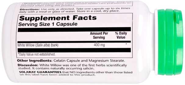 健康，炎症，白柳樹皮 - Solaray, White Willow Bark, 400 mg, 100 Easy-To-Swallow Capsules