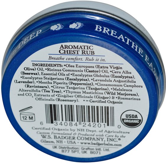 健康，肺和支氣管，胸部擦 - Badger Company, Organic Aromatic Chest Rub, Eucalyptus & Mint.75 oz (21 g)