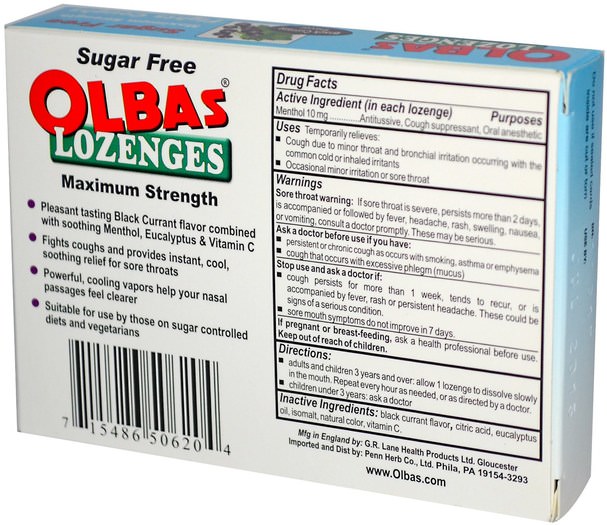 健康，肺和支氣管，咳嗽滴 - Olbas Therapeutic, Olbas Lozenges, Sugar Free, Black Currant Flavor, 24 Lozenges