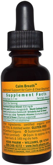 健康，肺和支氣管 - Herb Pharm, Calm Breath, Respiratory System, 1 fl oz (30 ml)