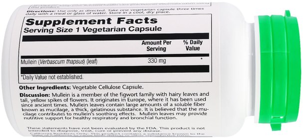 健康，肺和支氣管，毛蕊花 - Solaray, Mullein, 330 mg, 100 Veggie Caps