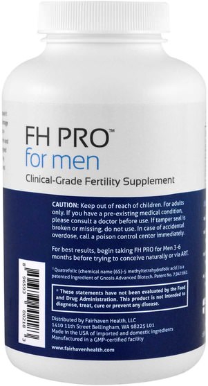 健康，男人 - Fairhaven Health, FH Pro for Men, Clinical Grade Fertility Supplement, 180 Capsules