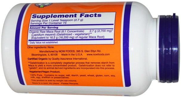 健康，男人，瑪卡 - Now Foods, Certified Organic Maca, Pure Powder, 7 oz (198 g)
